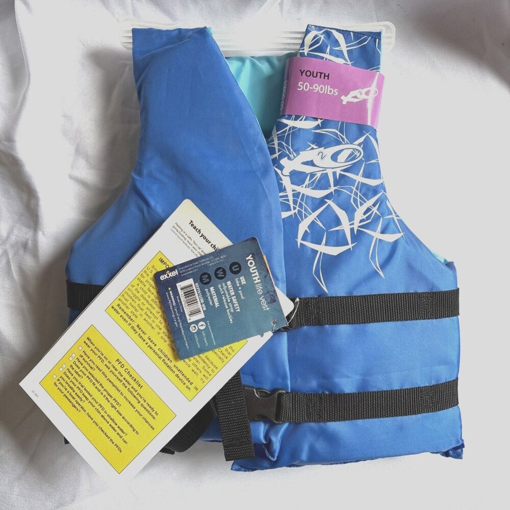 Exxel Outdoors Kids Youth Blue Flotation Vest Size 50-90 lbs Life Jacket